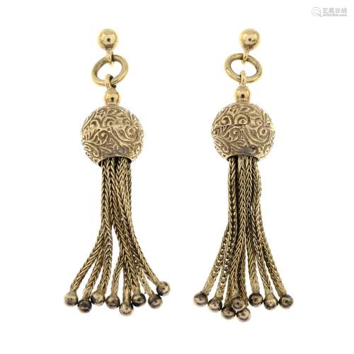 A pair of mid 19th century engraved tassel drop earrings.Len...