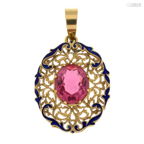 A pink paste and blue enamel openwork pendant.Stamped 750.