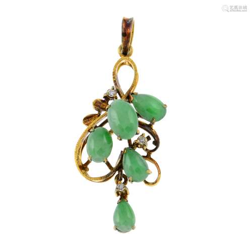 A jade and diamond pendant, designed to depict a scrolling m...