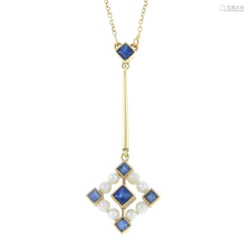 An early 20th century 15ct gold sapphire and seed pearl neck...