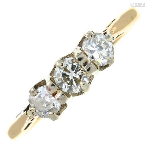 A brilliant and old-cut diamond three-stone ring.Estimated t...
