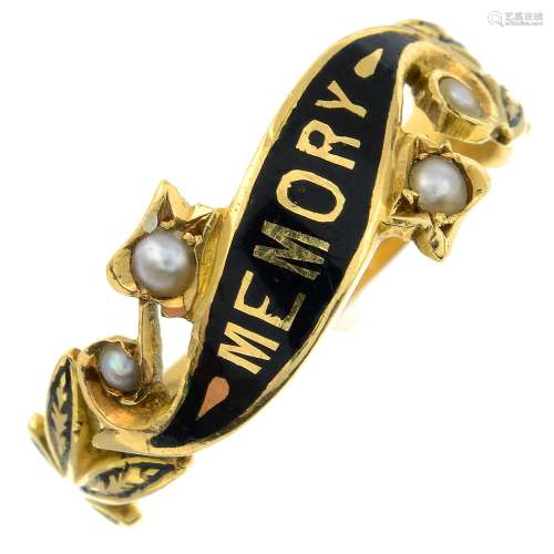 A late Victorian 18ct gold split pearl and enamel memorial r...