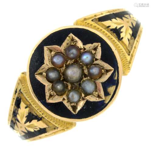 A late Victorian gold split pearl and black enamel mourning ...