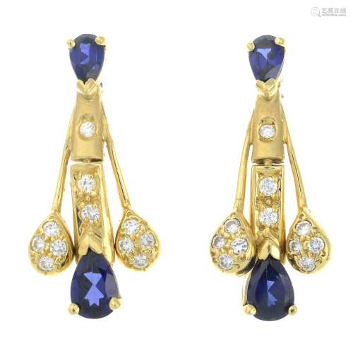 A pair of sapphire and cubic zirconia earrings.Length 2.3cms...