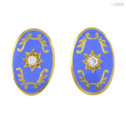 A pair of 18ct gold brilliant-cut diamond and blue enamel ea...