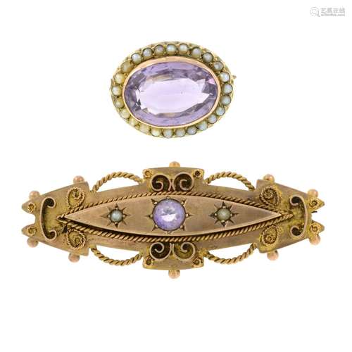 Early 20th century 9ct gold amethyst and split pearl brooch,