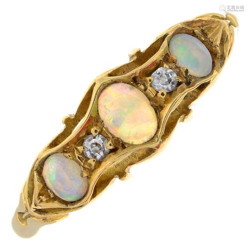 An Edwardian 18ct gold opal and single-cut diamond five-ston...