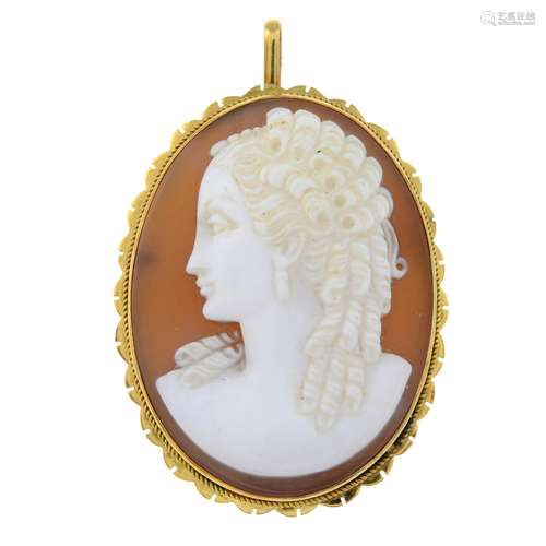 A shell cameo brooch, carved to depict a lady in profile.May...