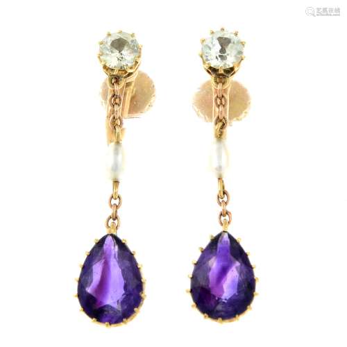 A pair of early 20th century gold amethyst, chrysoberyl and ...