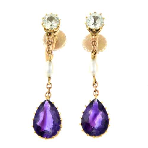 A pair of early 20th century gold amethyst, chrysoberyl and ...