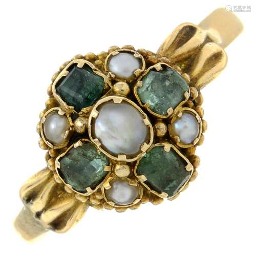 An early Victorian 15ct gold emerald and seed pearl cluster ...