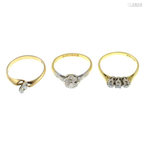 18ct gold diamond three-stone ring,