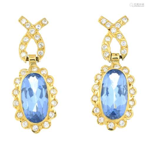 A pair of blue paste and cubic zirconia earrings.Length 3.2c...