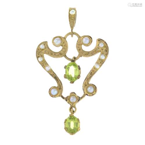 A 9ct gold peridot and split pearl pendant.Hallmarks for She...