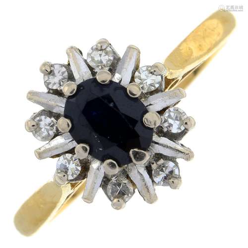 A sapphire and single-cut diamond cluster ring.Estimated tot...