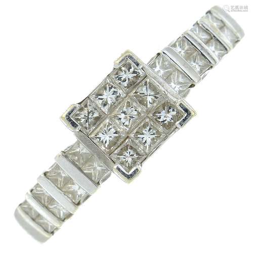 A square-shape diamond dress ring.Estimated total diamond we...