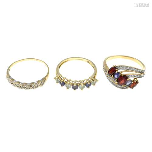 9ct gold garnet, amethyst and diamond cluster ring, hallmark...