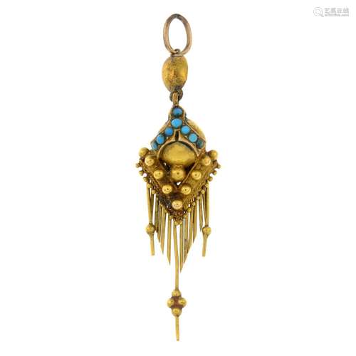 A mid to late 19th century gold turquoise pendant.Length 5.5...