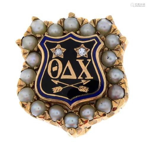 An American split pearl, diamond and enamel fraternity pin f...