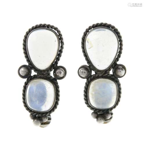 A pair of Arts and Crafts moonstone earrings.Length 2.5cms.