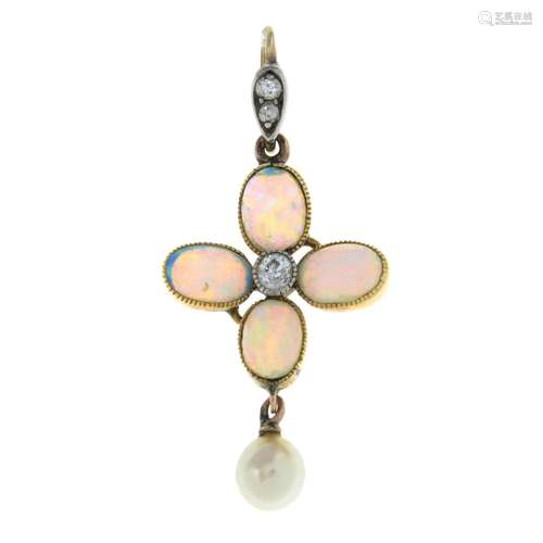 An early 20th century gold opal, old-cut diamond and culture...