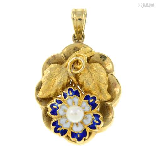 An early 20th century 9ct gold cultured pearl and enamel flo...