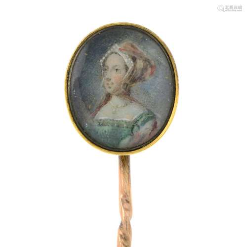 A late 19th century gold portrait miniature stickpin,