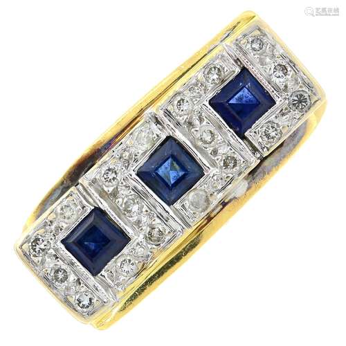 A sapphire and diamond ring.Estimated total diamond weight 0...