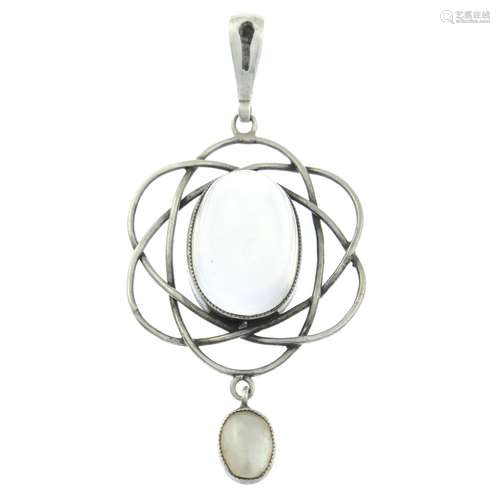 An Arts and Crafts silver moonstone and mother-of-pearl pend...