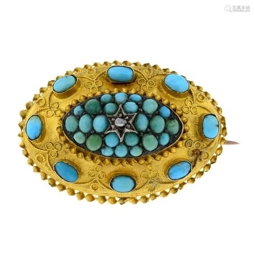 A late 19th century 15ct gold turquoise and diamond brooch, ...