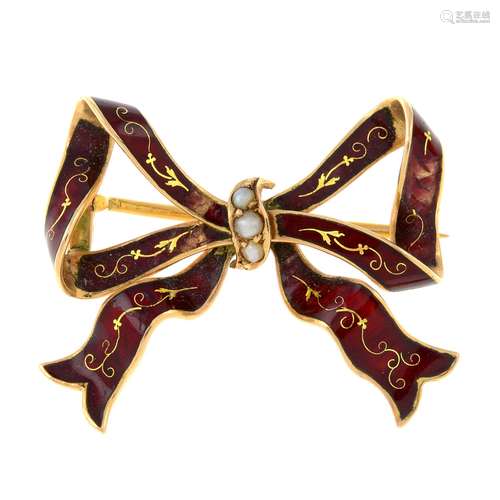 An early 20th century gold split pearl and red enamel bow br...