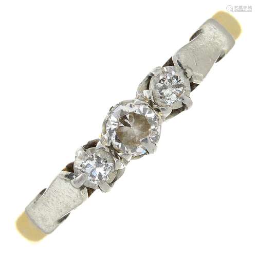 A brilliant-cut diamond three-stone ring.Estimated total dia...