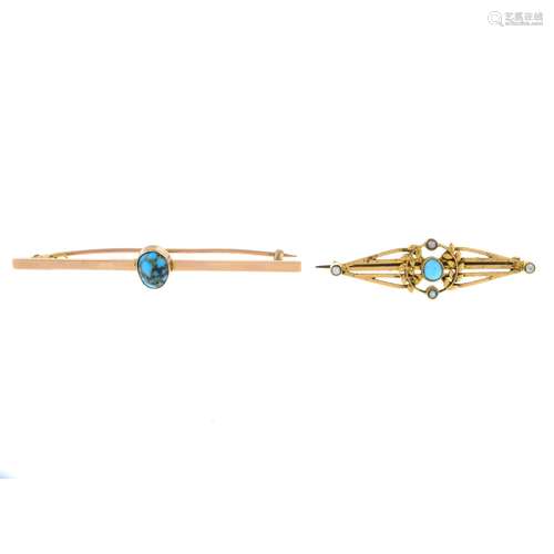 Early 20th century 15ct gold turquoise and split pearl brooc...