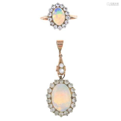 Opal and colourless sapphire cluster pendant,