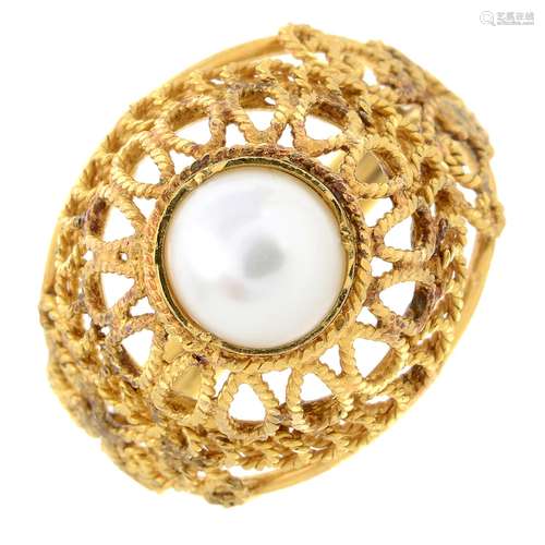 A cultured pearl single-stone ring.Ring size K.