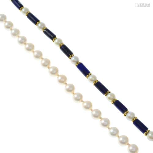 Cultured pearl two-row necklace,