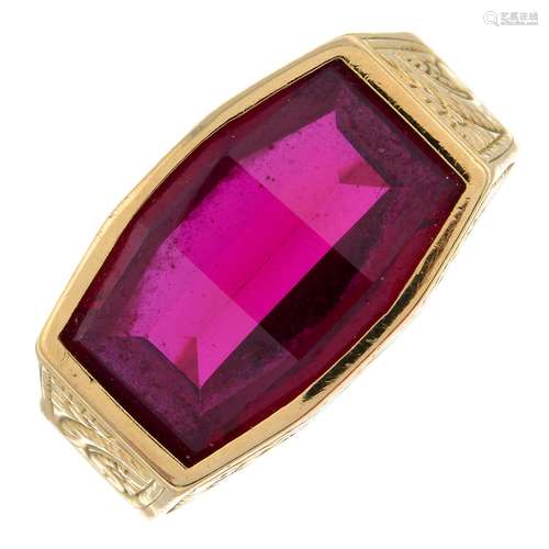 A mid 20th century synthetic ruby dress ring.Ring size Q.