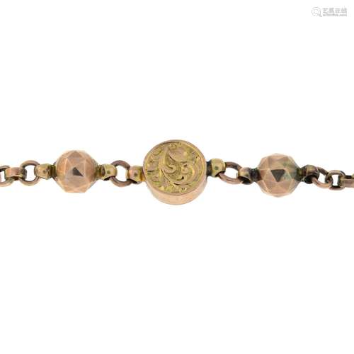 An early 20th century 9ct gold Albert, suspending a T-bar.St...