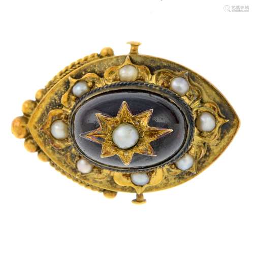 A late 19th century gold garnet and split pearl brooch.AF.