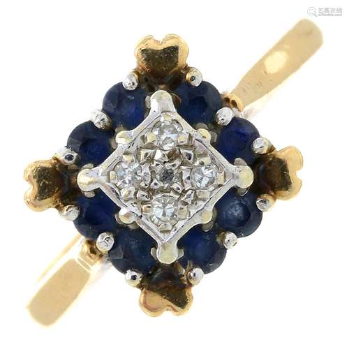 A 9ct gold diamond and sapphire cluster ring.