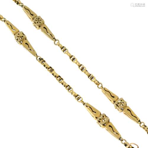 A late 19th century gold fancy-link chain, with later spring...