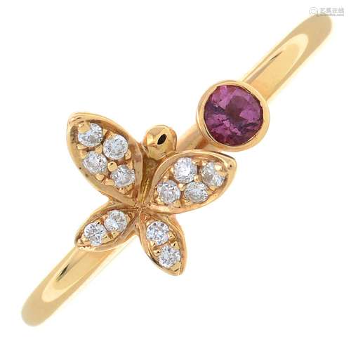 An 18ct gold pink tourmaline and brilliant-cut diamond butte...