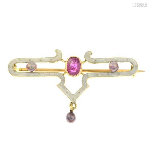 An early 20th century gold ruby, seed pearl and enamel brooc...