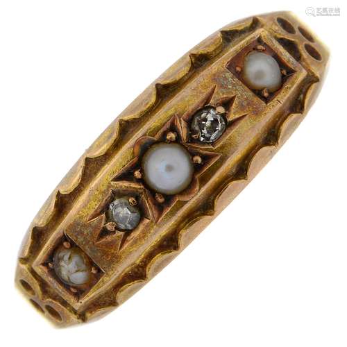 A late Victorian 15ct gold split pearl and diamond ring.Hall...