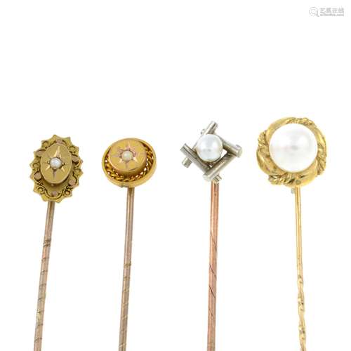 Four split and cultured pearl stickpins.Two with hallmarks f...