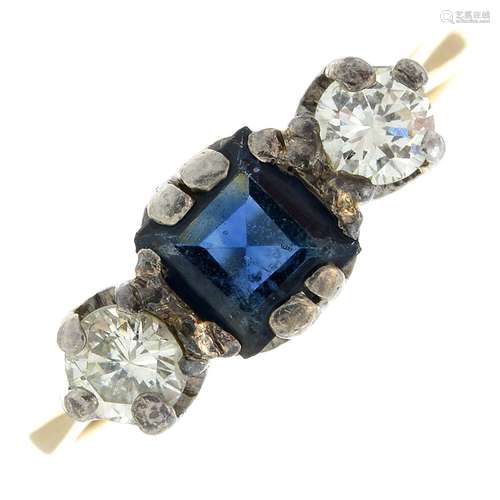 A sapphire and diamond three-stone ring.Estimated total diam...