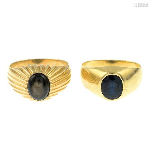 Two sapphire single-stone rings.Stamped 585.Ring sizes S to ...