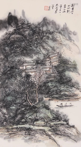 Landscape Painting Vertical Scroll on Paper from Huang