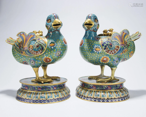 Pairs of Cooper Duck-shaped Vessel with Lacquer Enamel