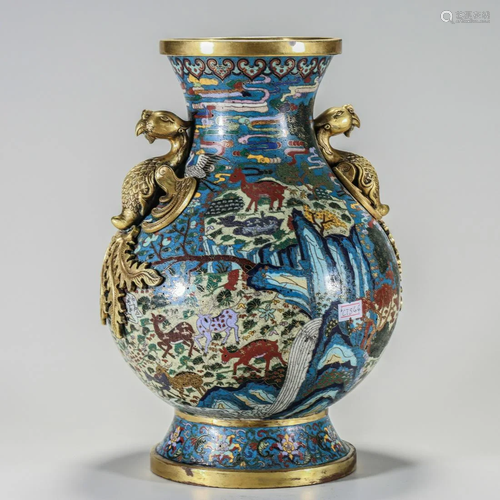 Cooper Crane and Deer Lacquer Enamel Vase